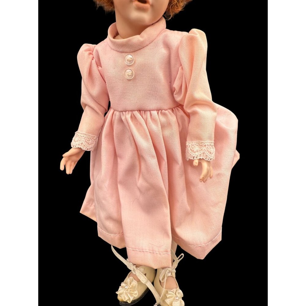 Vintage Porcelain Articulated Limbs Doll Red Hair In Pink Dress MARKED T.J. - Picture 2 of 8